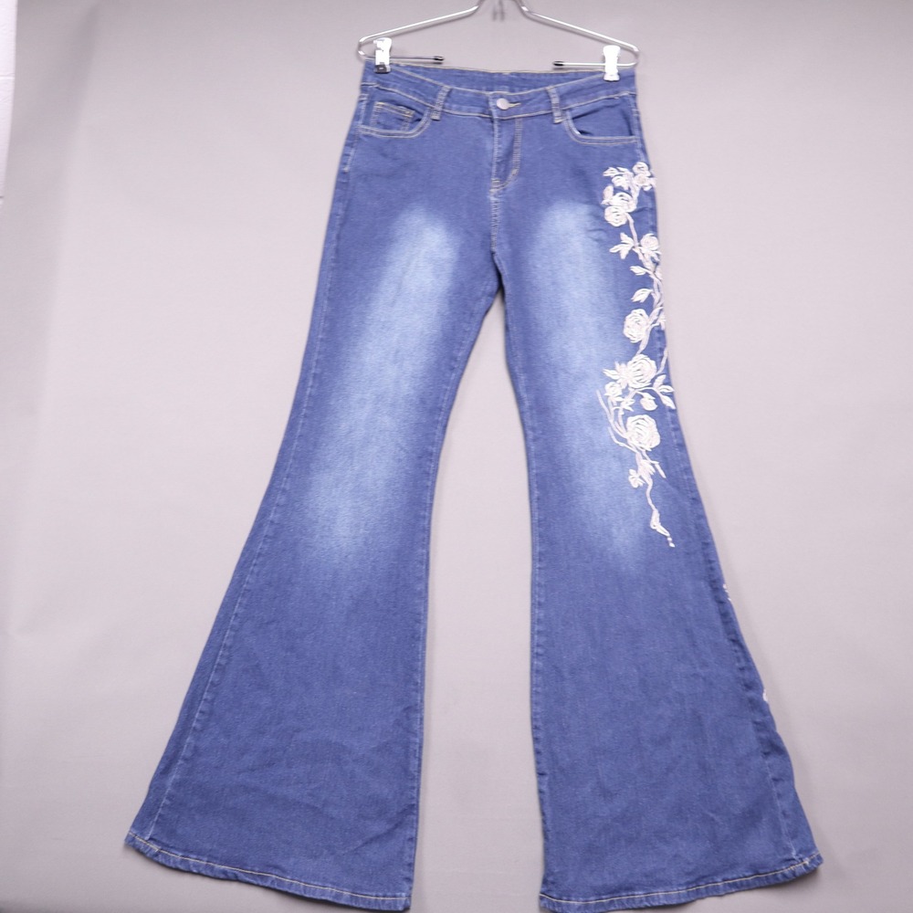 Floral Embroidered Bell Bottom Flare Jeans Medium Wash Blue Rose Denim L - Picture 1 of 8